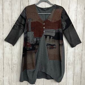 Red Coral Contrast Water Scene Print Half Sleeve Oversized Flowy Blouse Shirt